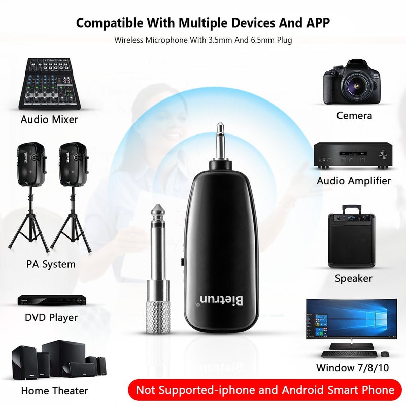 Bietrun Wireless Microphone Headset, UHF Wireless Headset Mic System, 160ft Range,1/8'' and 1/4'' Plug, for Speakers, Voice Amplifier, PA System(Not Supported AUX/iOS) - Image 2
